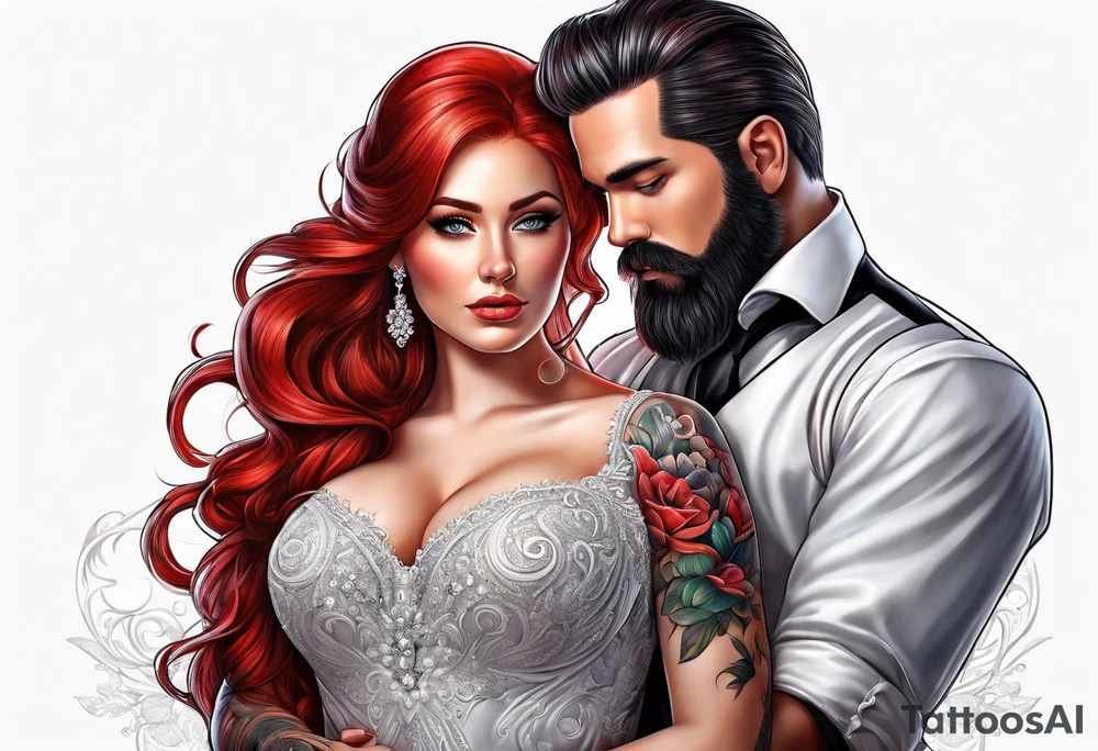 Busty red haired woman with a bearded man who has black hair getting married tattoo idea