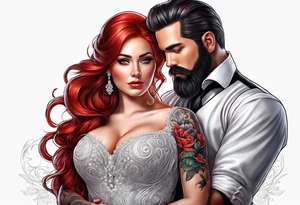 Busty red haired woman with a bearded man who has black hair getting married tattoo idea