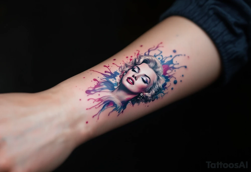 A surrealist Marilyn Monroe portrait melting into pink, purple, and blue ink drips. tattoo idea