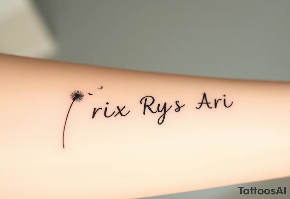 Rix Rys Ari realistic watercolor This image features a delicate dandelion tattoo on a person’s skin, with fine lines and soft shading. The dandelion’s stem extends from the bottom left corner, leading to the detailed flower head, which appears to be dispersing its seeds. The seeds are shown floating away in a natural, wind-swept motion, symbolizing freedom, change, and new beginnings.

The tattoo has a subtle watercolor effect with a gentle pinkish hue around the base of the dandelion, adding depth and softness to the design. The fine-line work gives it a refined and elegant look. tattoo idea