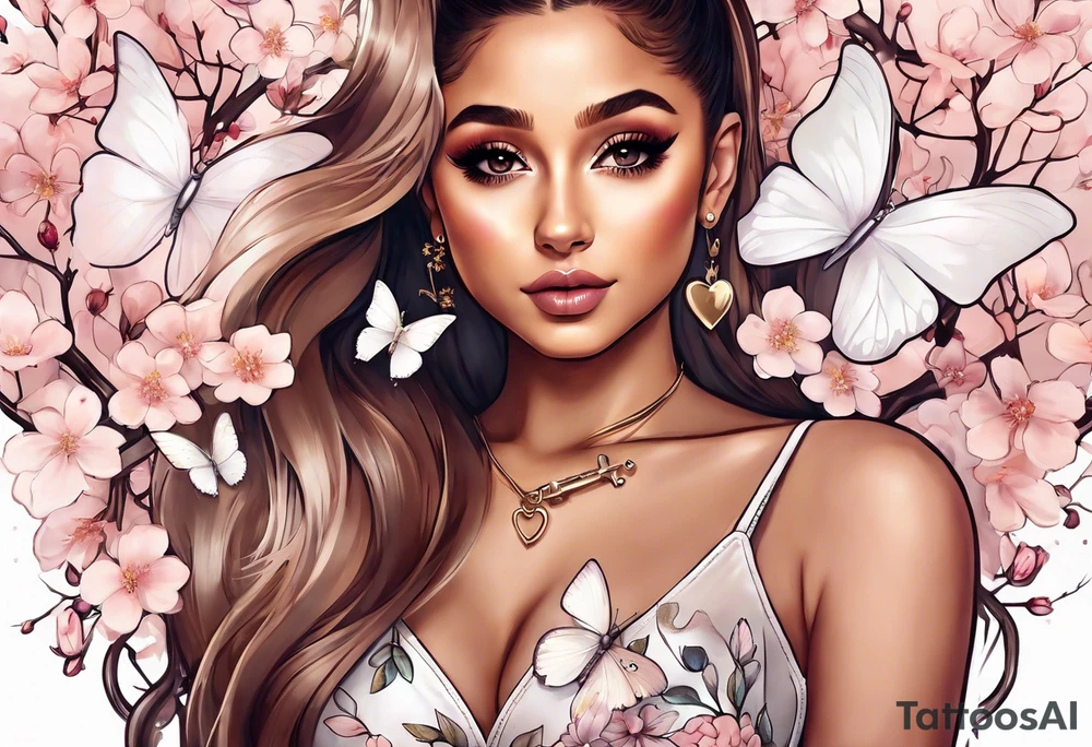 Ariana Grande surrounded in a golden aura with white butterflies and cherry blossoms holding a key that unlocks a heart tattoo idea