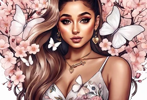 Ariana Grande surrounded in a golden aura with white butterflies and cherry blossoms holding a key that unlocks a heart tattoo idea