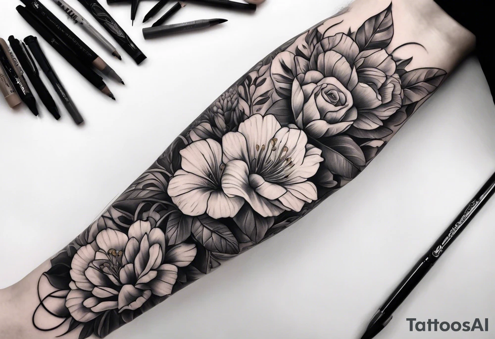 High contrast black and grey forearm snake and flower sleeve tattoo idea