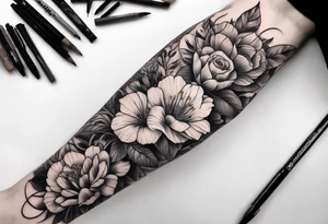 High contrast black and grey forearm snake and flower sleeve tattoo idea