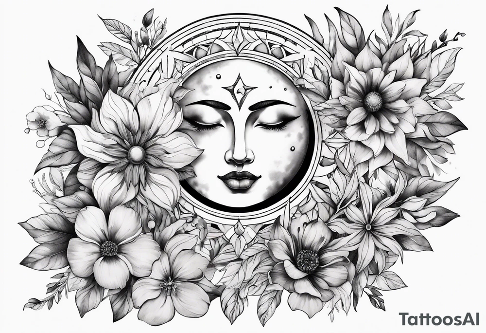 Floral sun and moon tattoo idea