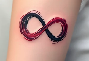 A brushstroke-style infinity loop in shades of black and wine red, forming a heart on one side. tattoo idea