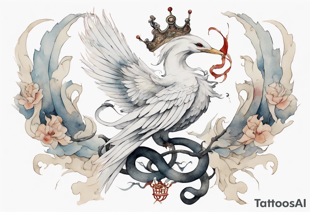 a watercolor of a white bird-serpent hybrid wearing an iron crown, flying tattoo idea