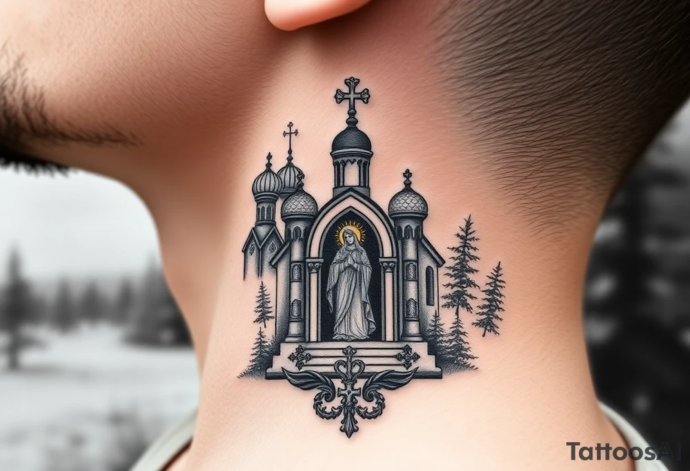 russian coat arms traditional christian orthodox cross with a virgin mary stood in the entrance of a russian orthodox dome church on the side of the neck in a wilderness setting tattoo idea