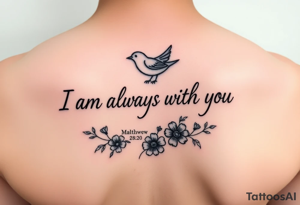 Bible verse “I am always with you Matthew 28:20” with a dainty bird on top with small flowers on the bottom tattoo idea