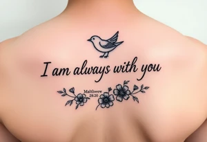 Bible verse “I am always with you Matthew 28:20” with a dainty bird on top with small flowers on the bottom tattoo idea