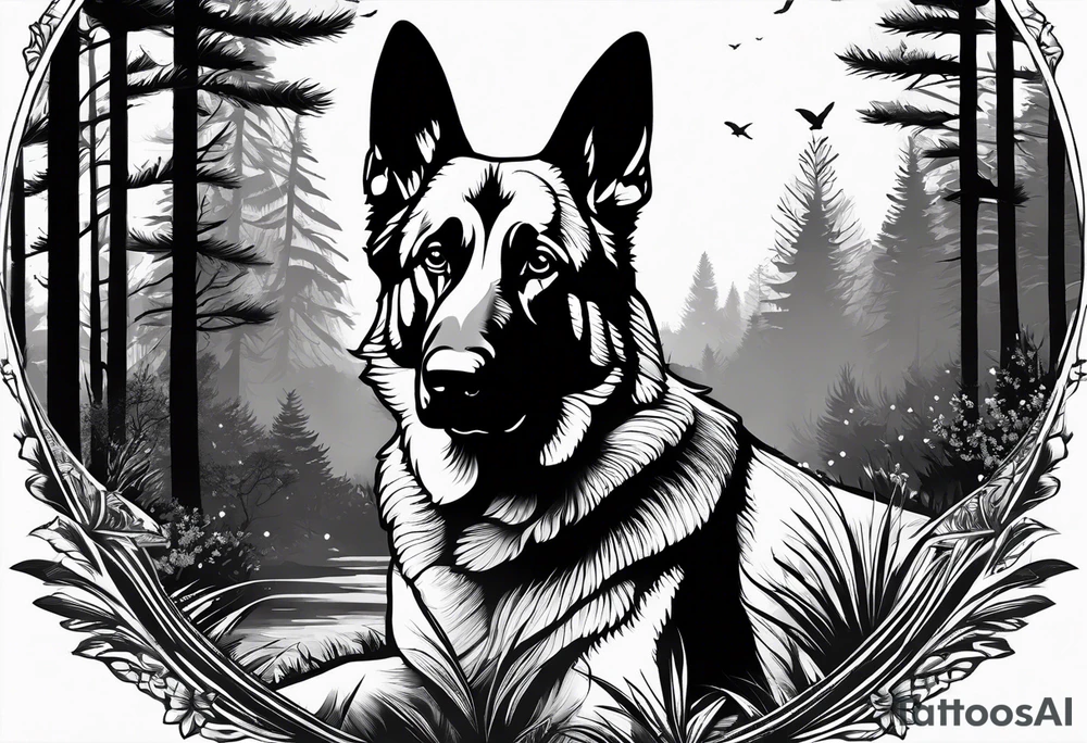 German shepherd dog walking in a forest tattoo idea