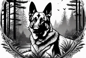 German shepherd dog walking in a forest tattoo idea