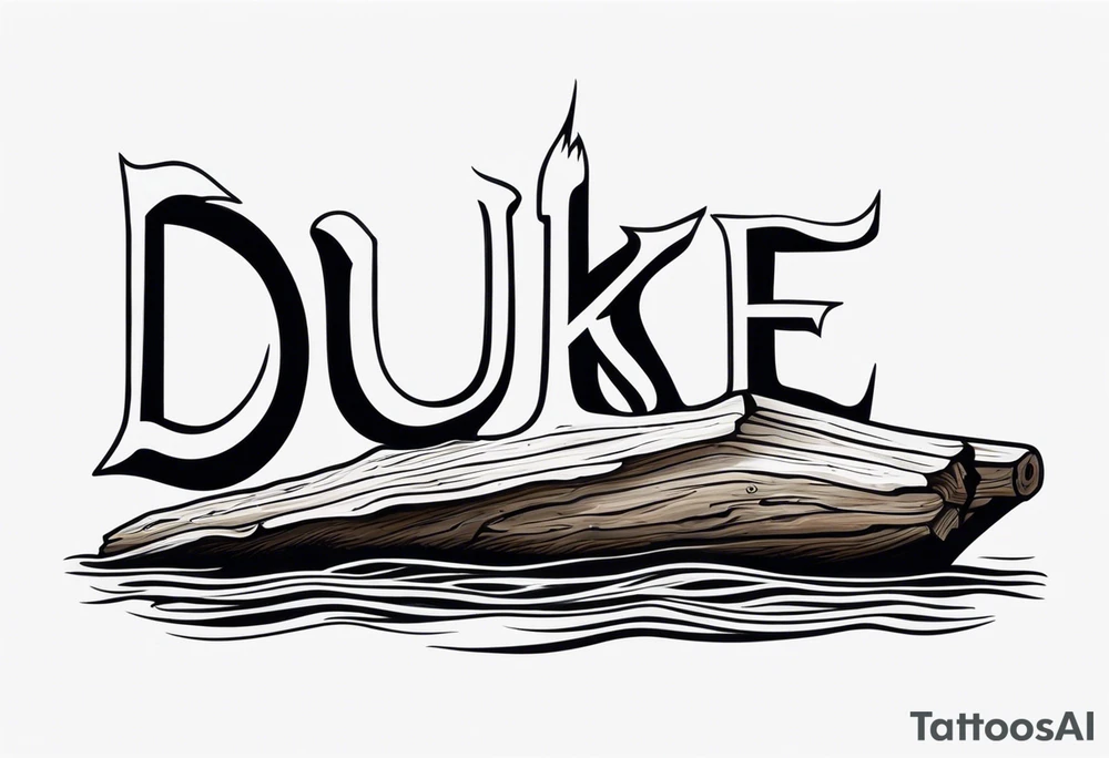 piece of driftwood underwater with the word duke written in the wood tattoo idea