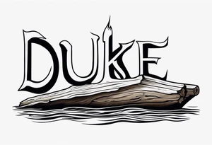 piece of driftwood underwater with the word duke written in the wood tattoo idea
