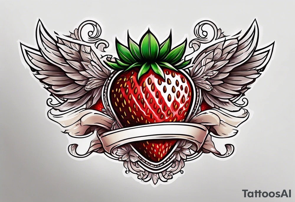 neo traditional Strawberry and Banner tattoo idea