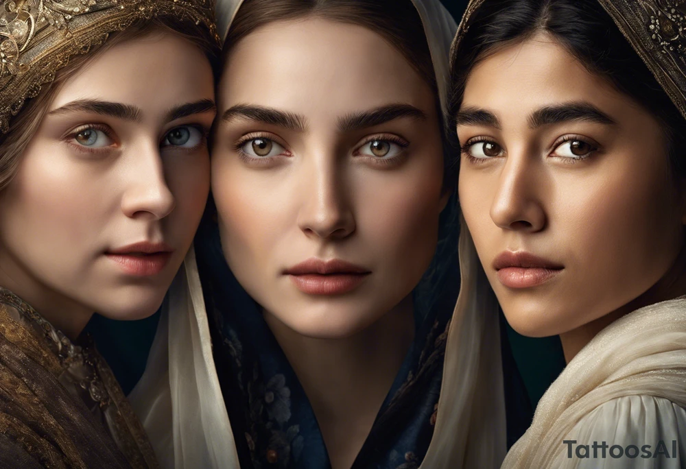 Three women's faces next to each other. The woman on the left is still a girl about 13 years old, the woman in the middle is about 40 years old and the one on the right is about 75 years old. The woman in the middle is looking at the bearer. The other two are looking at the woman in the middle. The tattoo is shaded on the chest of a man in black and white tattoo idea