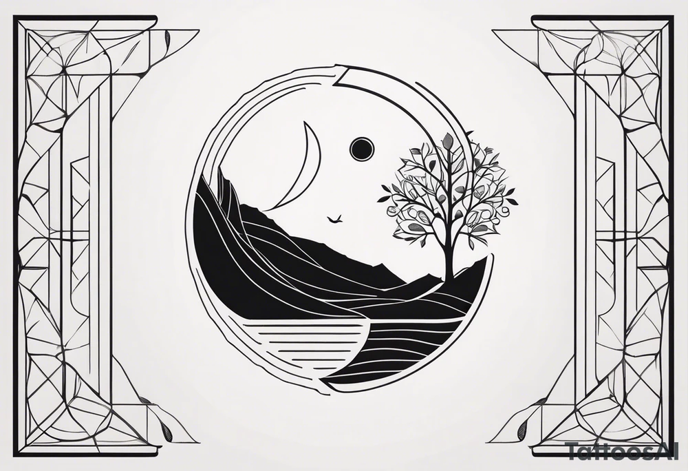 A minimalist tattoo design featuring a vertical composition. At the center is a large, abstract flower with intricate dotted shading and clean lines. A delicate tree with bare branches grows from the top of the flower, while flowing leaves emerge from the bottom. Surrounding the flower are abstract elements like small geometric shapes, mountains in the background, a few birds, and a crescent moon, all positioned in a visually balanced way. There’s a circular solar element near the flower, with rays extending outward. The entire design is made up of fine lines, dot work, and subtle shading, creating a harmonious mix of nature and geometric abstraction. It’s a detailed sketch with organic flow, precision, and a blend of cosmic and natural motifs. Make the tattoo vertically aligned, skinnier width and longer width tattoo idea