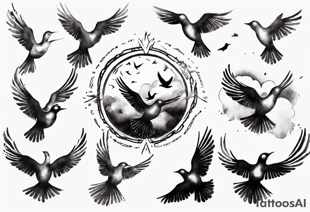 shoulder tattoo with light rays with birds flying free among the clouds, round shape, 3d effect tattoo idea