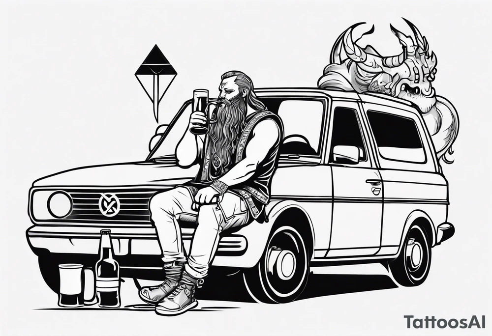 A Viking drinking a beer sitting next to a car tattoo idea A Viking drinking a beer sitting next to a car tattoo idea