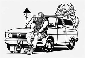 A Viking drinking a beer sitting next to a car tattoo idea