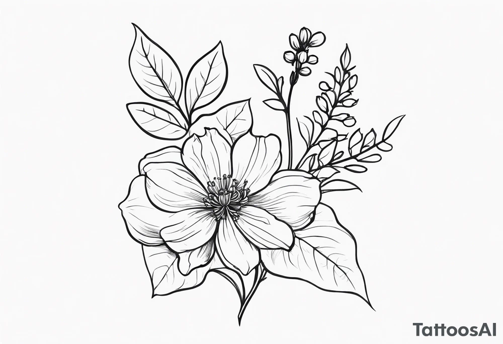 June birth flower, January birth flower, April birth flower, April birth flower, July birth flower in a vertical line on the same vine tattoo idea