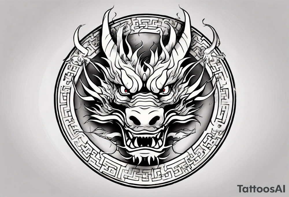 Chinese dragon in a circular shape with "02.03" written on its skin tattoo idea