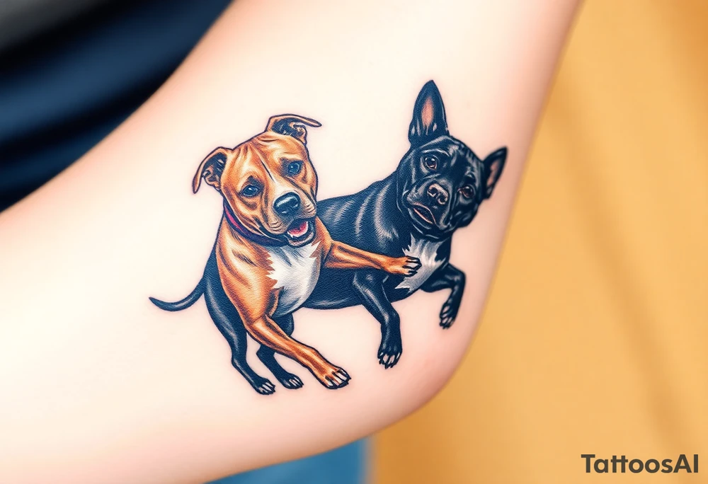 a tan pitbull and a black Australian cattle dog playing together tattoo idea