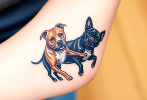 a tan pitbull and a black Australian cattle dog playing together tattoo idea
