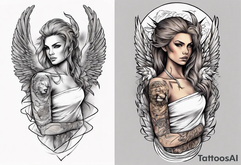 Full arm sleeve with a female Angel warrior at the top of the sleeve with her wings wrapped around the top half of the arm until the elbow. At the bottom of the sleeve a females face with a lion tattoo idea