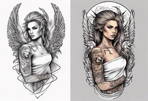 Full arm sleeve with a female Angel warrior at the top of the sleeve with her wings wrapped around the top half of the arm until the elbow. At the bottom of the sleeve a females face with a lion tattoo idea