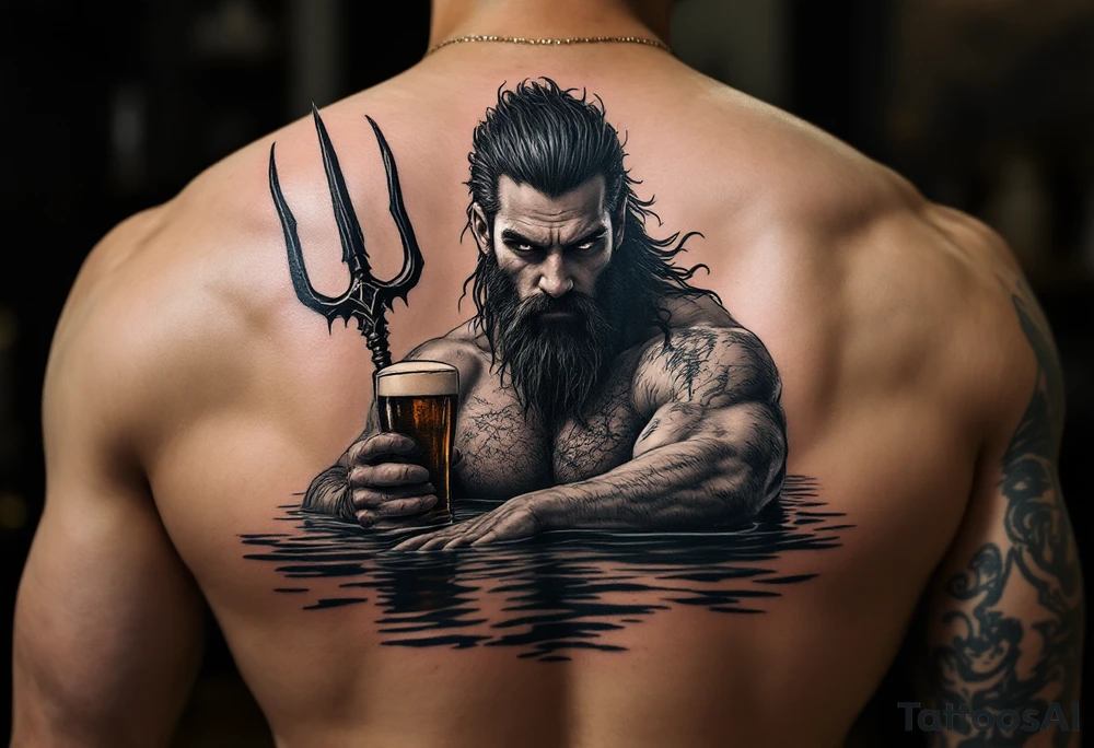 young, fit poseidon in calm water, behind a trident, holding a beer, looking at you tattoo idea