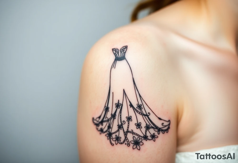 An elegant wedding dress silhouette, with intricate lace detailing and a soft, flowing train tattoo idea