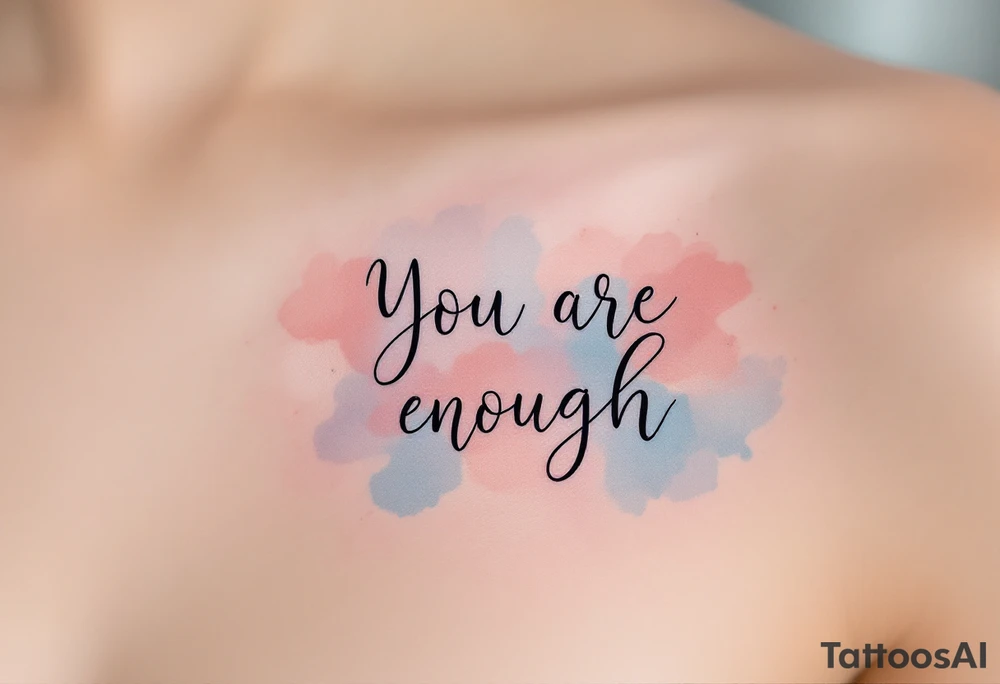 “You are enough” in dusty rose with a faint watercolor background of pastel blues and pinks. tattoo idea