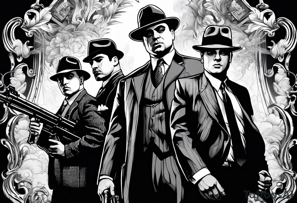 group of gangsters including Al Capone and bonnie and Clyde with machine guns surrounded by smoke and fire tattoo idea
