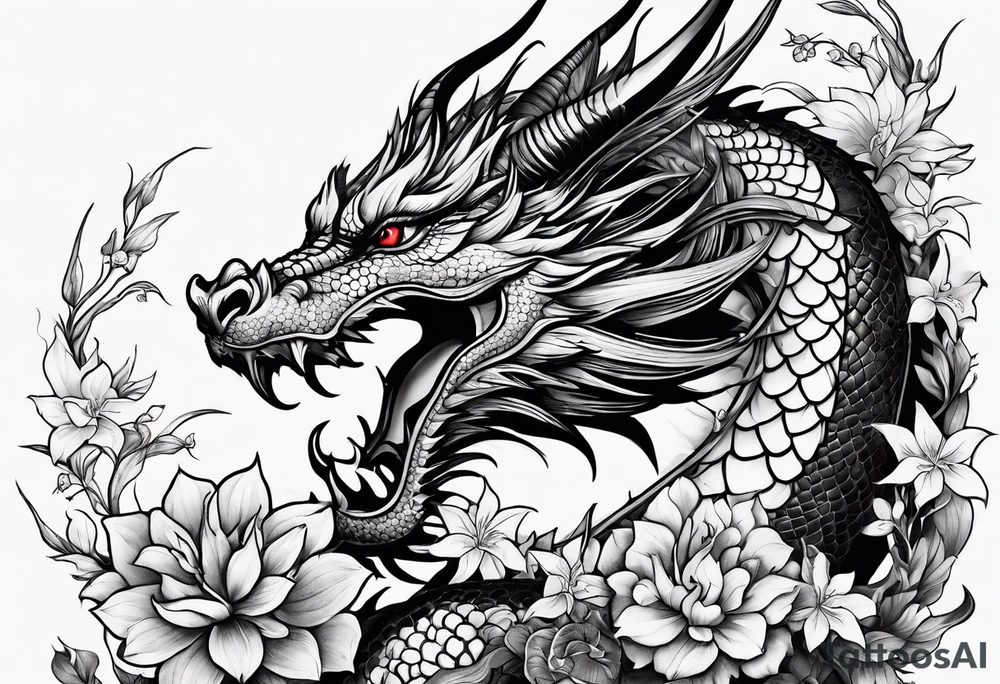 dragon flowers tattoo idea