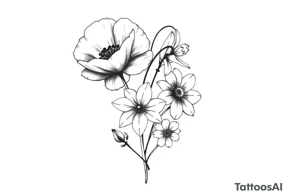 simple black and white tattoo with a bouquet from one stem with a poppy flower, lily of the valley flower , daffodil flower , water lily flower , daisy flower , with less lines and detail tattoo idea