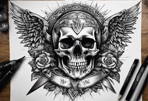 In the center is a half skull pierced by a large sword. On either side of the skull, there are spread angel wings, Beneath the skull is a ribbon weaves through both the skull and the sword tattoo idea