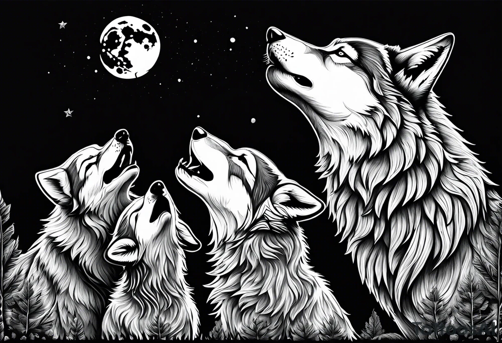 Wolf and cubs howling at moon tattoo idea