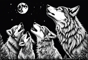 Wolf and cubs howling at moon tattoo idea