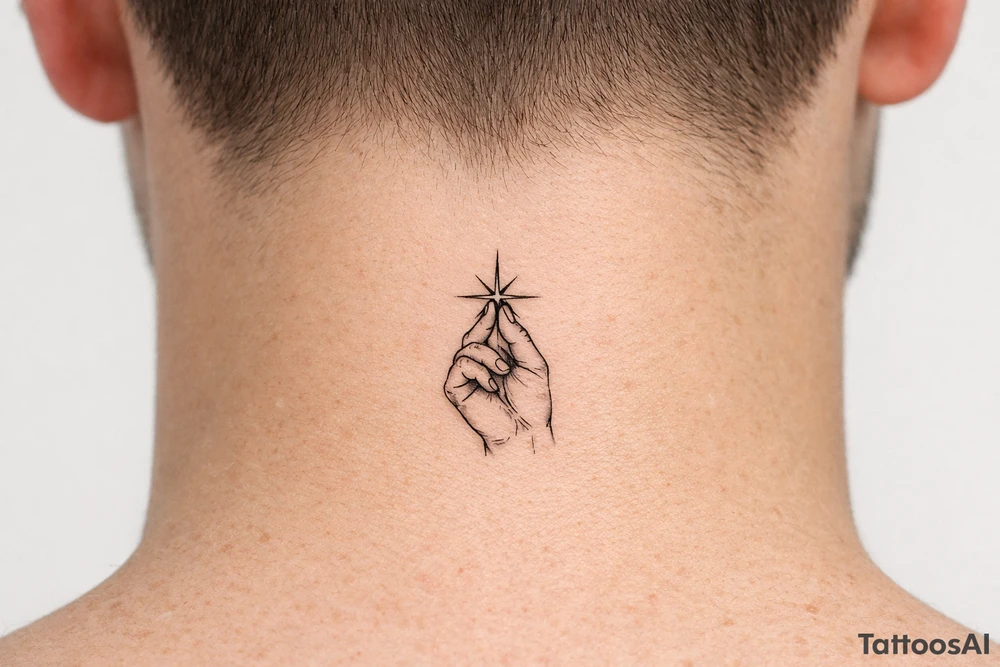 Single needle hand silhouette holding a sharp-lined starburst, geometric. tattoo idea