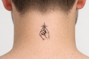 Single needle hand silhouette holding a sharp-lined starburst, geometric. tattoo idea