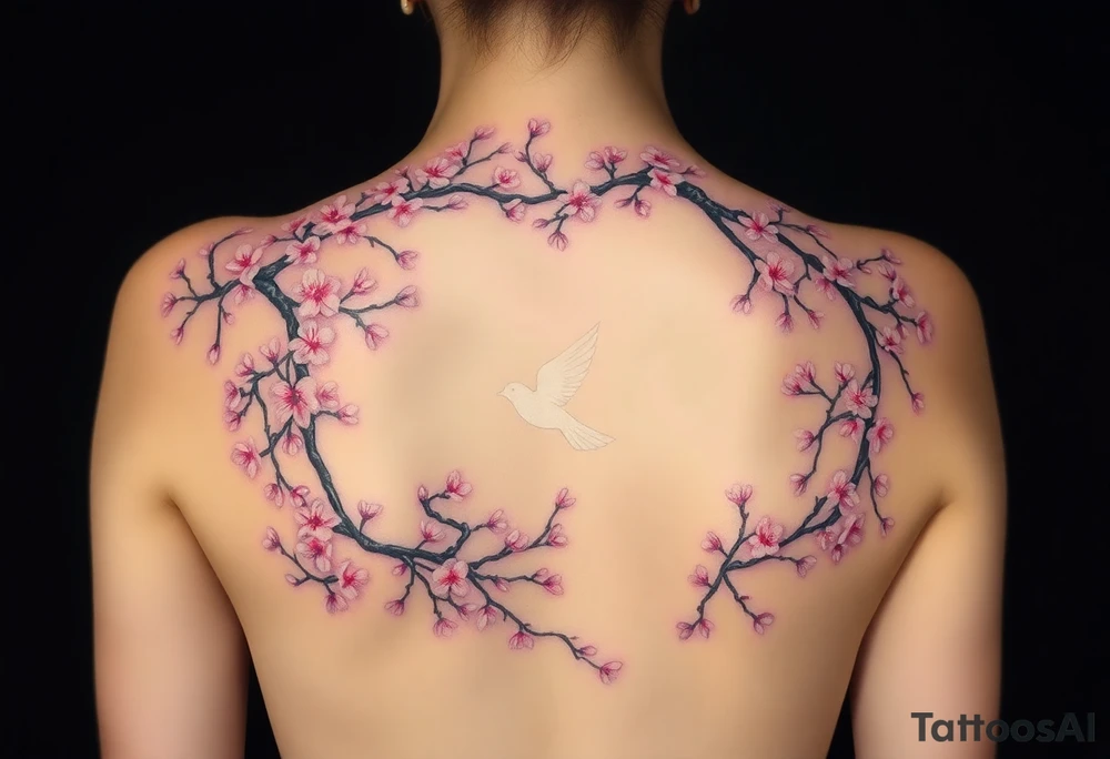 A big weeping, cherry blossom tree on the entire back, one baby Dove, flying into the sky. A Mom Dove hovering above the ground that’s turning black like she stained with grief. Goth romance 
These are the dates I want dainty in the heavily overflow of weeping cherry blossom branches and leaves March 31, 2024 – July 2, 2024 tattoo idea