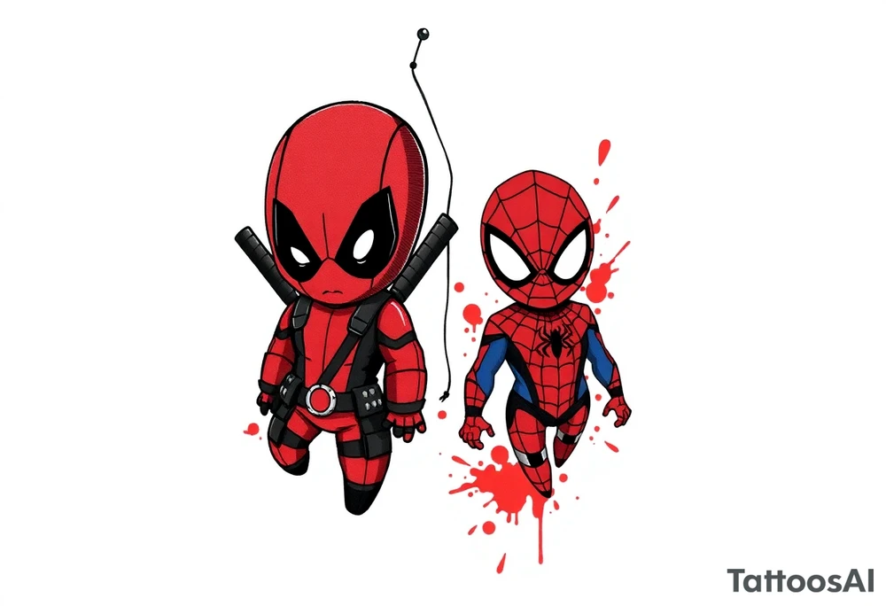 Project: Upper Arm Half-Sleeve Tattoo (Chibi Marvel Duo)
Placement: Upper Arm (Shoulder cap down to just above the elbow)
Reference Images: Chibi Deadpool (Image 1) and Chibi Spider-Man (Image 2)
Design Request & Layout:
* Please stack the characters dynamically to fit my upper arm. I'd like Deadpool positioned near the top/shoulder cap, and Spider-Man sitting near the bottom/above the elbow.
* Use the dangling spider and its web thread, along with loose, energetic construction lines, to transition between the two characters and wrap the design around the arm.
Art & Color Style:
* Linework: Please harmonize both characters into a singular, unified style—blending Deadpool's clean comic ink lines with Spider-Man's raw, cross-hatched sketchbook aesthetic.
* Color: The base of the tattoo should be gritty black-and-grey sketch shading. However, I want vibrant pops of red on their suits.
* The Splatter Effect: Instead of keeping the red cleanly inside the lines, please style the red color as a loose, dynamic watercolor/ink splatter effect that bursts out past their outlines and fades into the negative skin space. tattoo idea