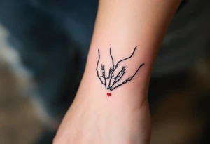 Thin black line tattoos of two hands making a pinky promise, with a tiny red heart between them.
Placement: Side of the index finger or wrist. tattoo idea