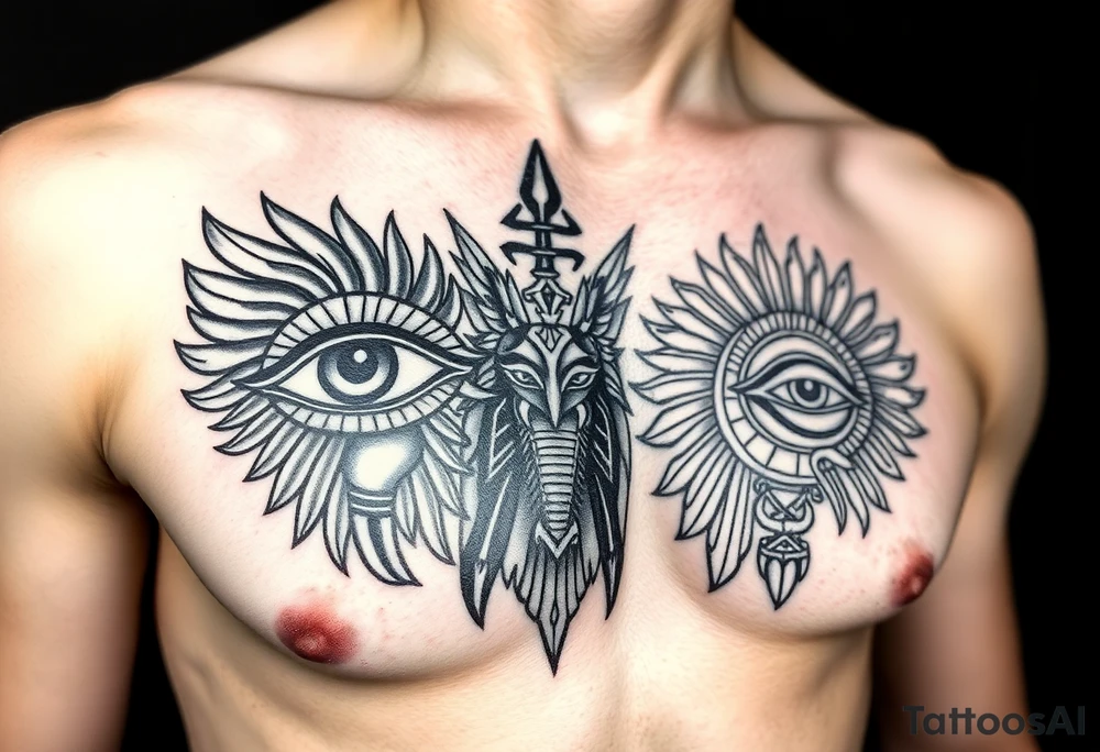 Full chest piece, cybersigilism with eye of Horus on one pec, eye of ra on the other tattoo idea