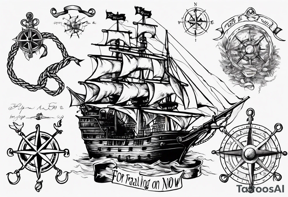 pirate ship with a map, square knot, compass, with words "for I must be traveling on now" tattoo idea