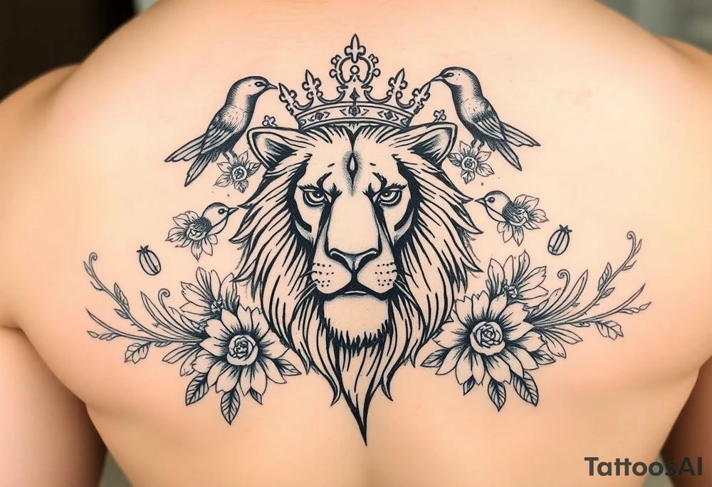 powerful majestic lion with a crown, surrounded by floral ornaments and birds tattoo idea