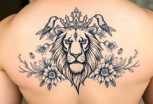 powerful majestic lion with a crown, surrounded by floral ornaments and birds tattoo idea