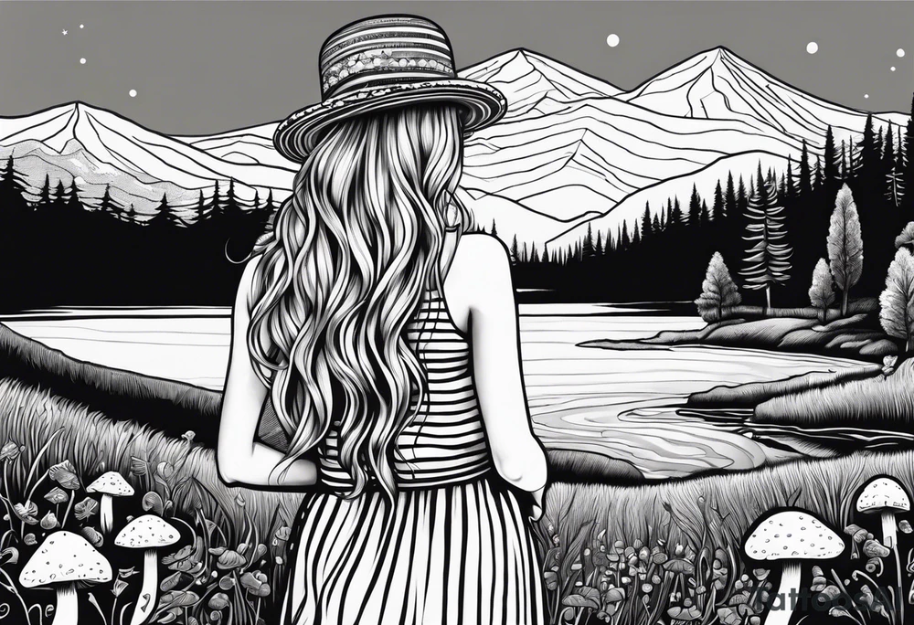 Straight long blonde hair hippie girl in distance holding mushrooms in hand facing away toward mountains and creek surrounded by mushrooms black and white striped dress tattoo idea