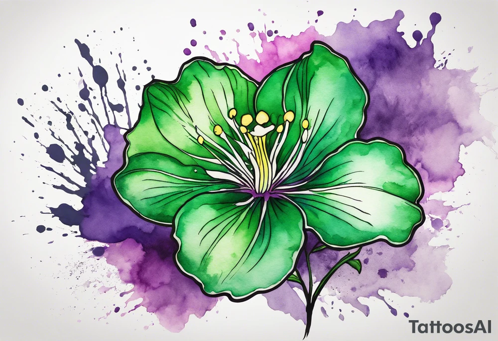 An outline of an only green rio dipladenia flower and a green and purple watercolor splash in the background tattoo idea